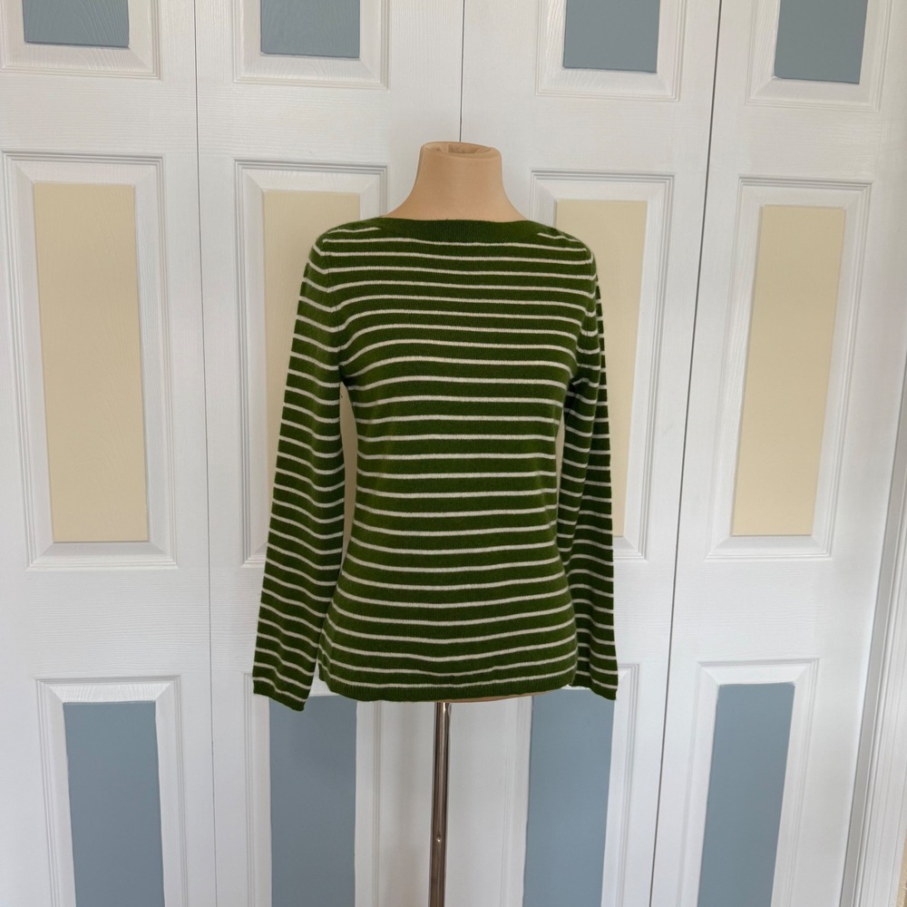 Charter Club Womens Green White Striped 100% 2-Ply Cashmere Boat Neck Sweater S